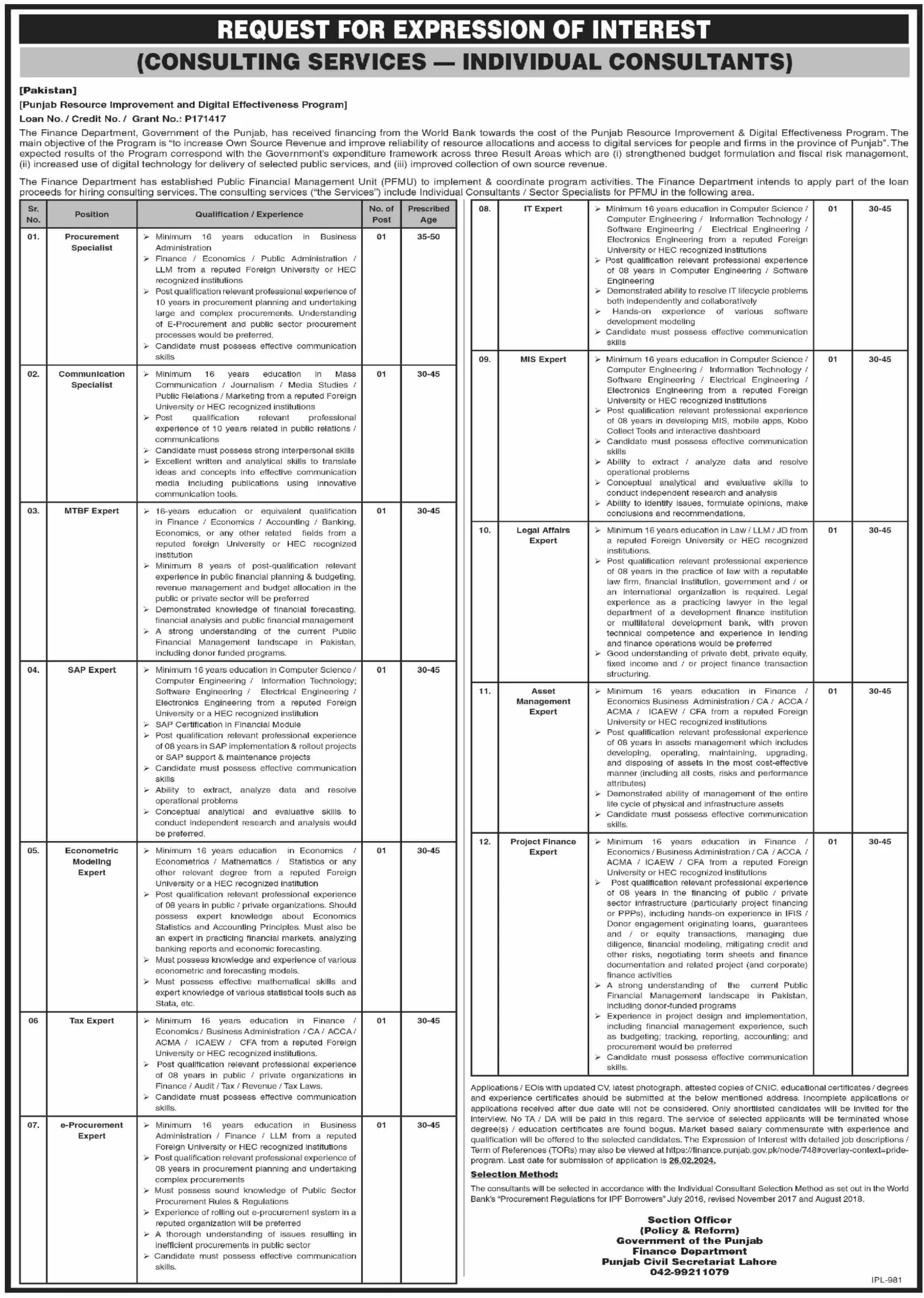 Job Opportunities in Finance Department - Lahore 2024